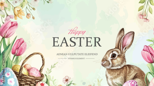 Easter basket with eggs and bunny decorated with flowers. Happy easter