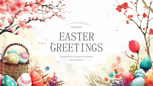 Easter basket with eggs and bunny decorated with flowers. Happy easter