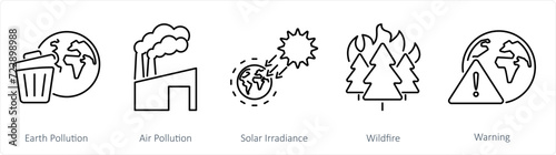 A set of 5 climate change icons as earth pollution, air pollution, solar irradiance