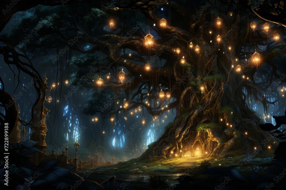 Enchanting woodland scene with soft bio luminescent glow creating a magical and serene atmosphere
