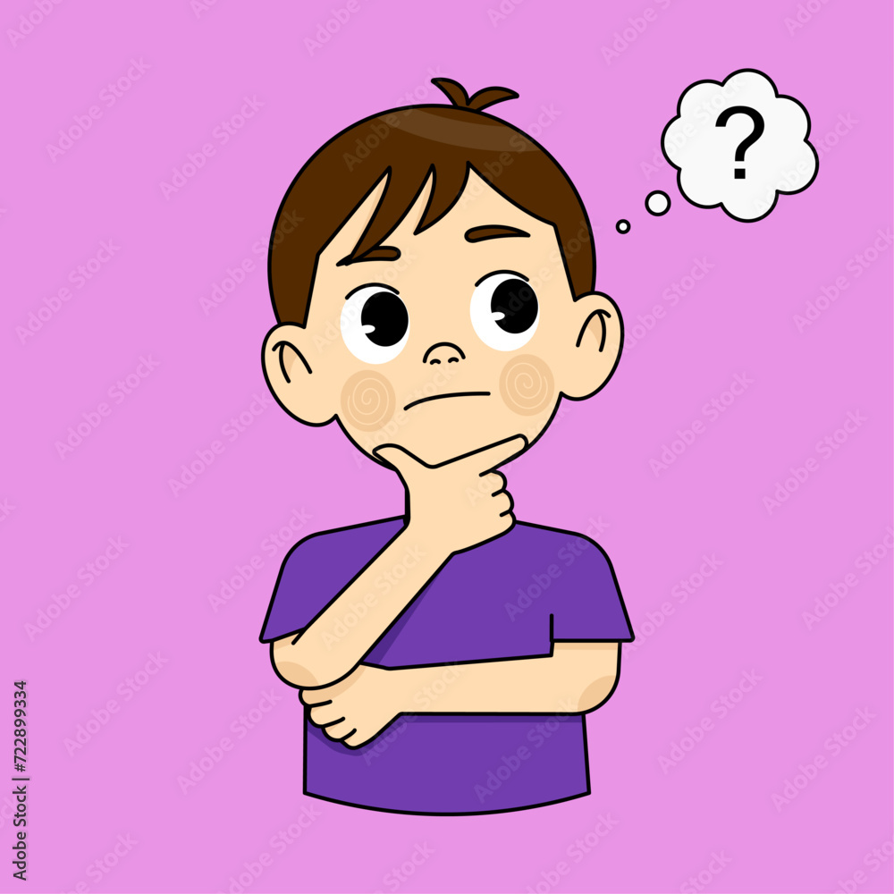 A cute boy is thinking about something, and a question mark flies over him. Vector illustration A cute boy is thinking about something, and a question mark flies over him. Vector illustration