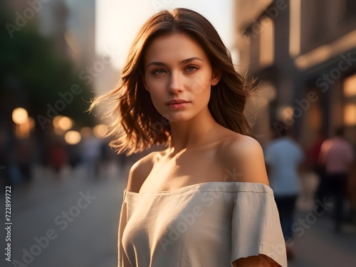 Photograph of a young woman looking at the camera, with brown eyes, short brown hair, medium shot, wearing a light off-the-shoulder t-shirt, on the street of a cosmopolitan city. AI. © Jordi E.