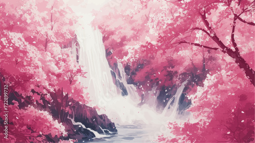 Watercolor vector landscape of cherry blossoms in japanese park