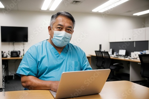 a nurse in a medical office, wearing a surgical mask, focused on her laptop at the desk