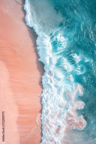 Aerial View of Ocean, Waves and Beach Sand in the Style of Light Orange and Cyan - Ocean Pastel Color Scheme Shaped Canvas Background created with Generative AI Technology