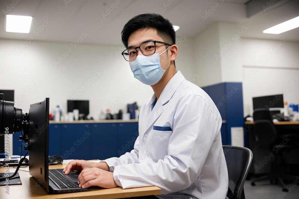a nurse in a medical office, wearing a surgical mask, focused on her laptop at the desk a nurse in a medical office, wearing a surgical mask, focused on her laptop at the desk