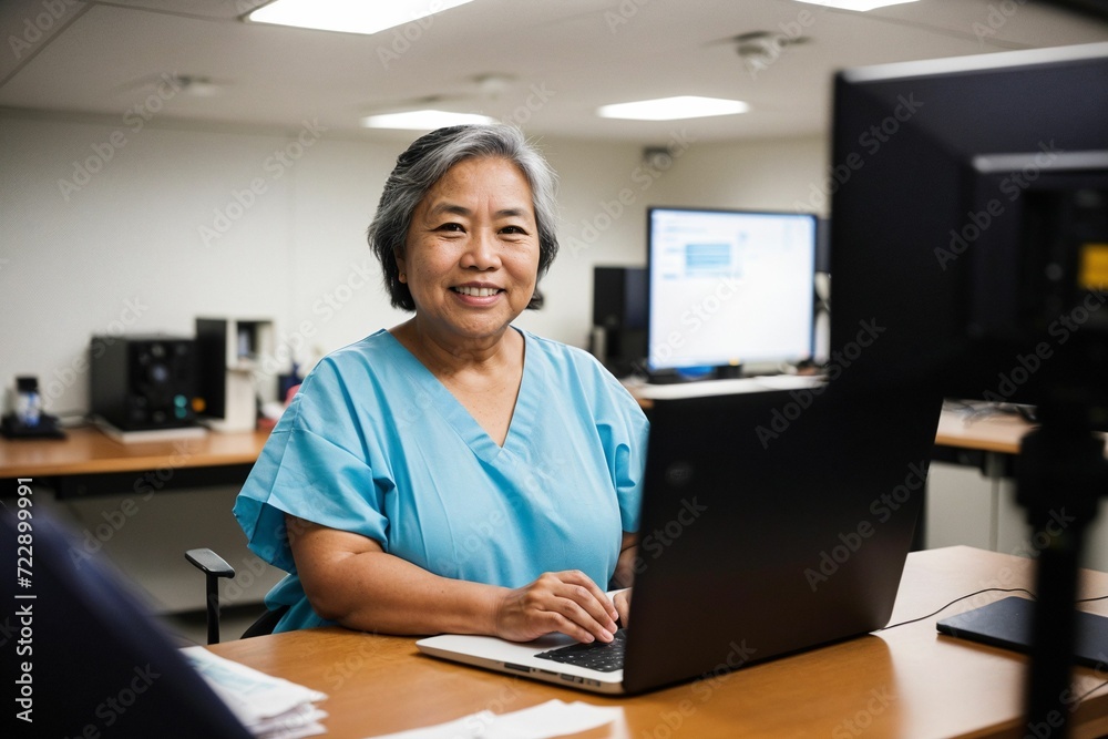 a nurse in a medical office, wearing a surgical mask, focused on her laptop at the desk a nurse in a medical office, wearing a surgical mask, focused on her laptop at the desk