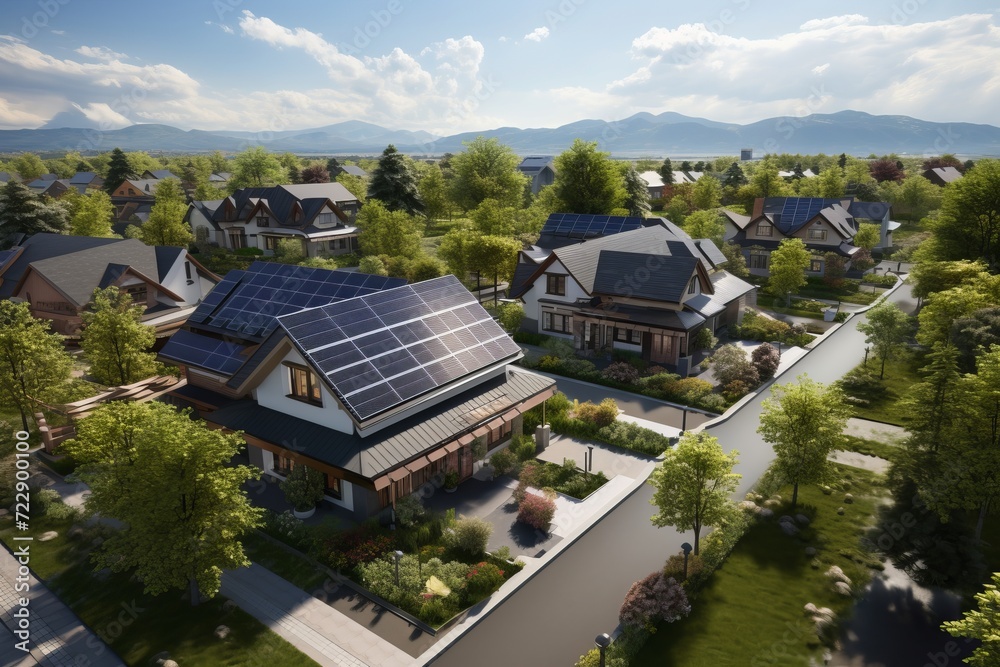 Sustainable suburban neighborhood with solar panels, electric vehicles, and green spaces