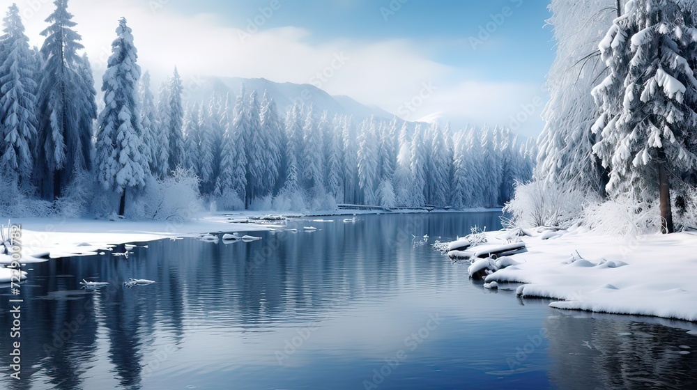 Snow-dusted trees encircle a tranquil lake. Serene winter scene, peaceful waters, snowy forest, picturesque beauty, frozen lake, tranquility of the season. Generated by AI.