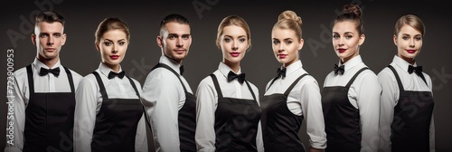 Waitstaff  black and white uniforms  professionalism  elegance  serving patrons  timeless sophistication  formal dining. Generated by AI.