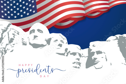 Happy Presidents Day with waving flag USA and Mount Rushmore. Monument four US presidents, creative concept for holiday. Vector illustration photo