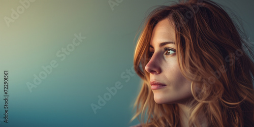 Side profile of a thoughtful woman with wavy hair against a gradient blue background photo