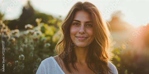 Smiling woman with sunset behind her, providing a soft, golden light over a field of flowers photo