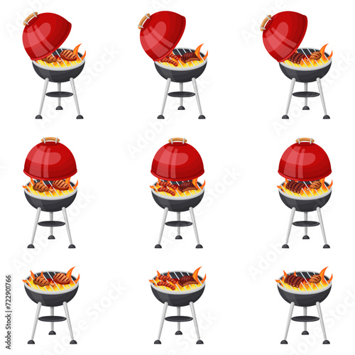 A barbecue grill set, a red-hot grill with cooking meat. Vector illustration on a white background