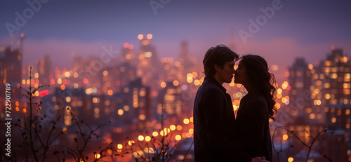 A silhouette of a couple kissing, framed by the twinkling lights of a city at dusk, evoking a sense of romantic urbanity. 