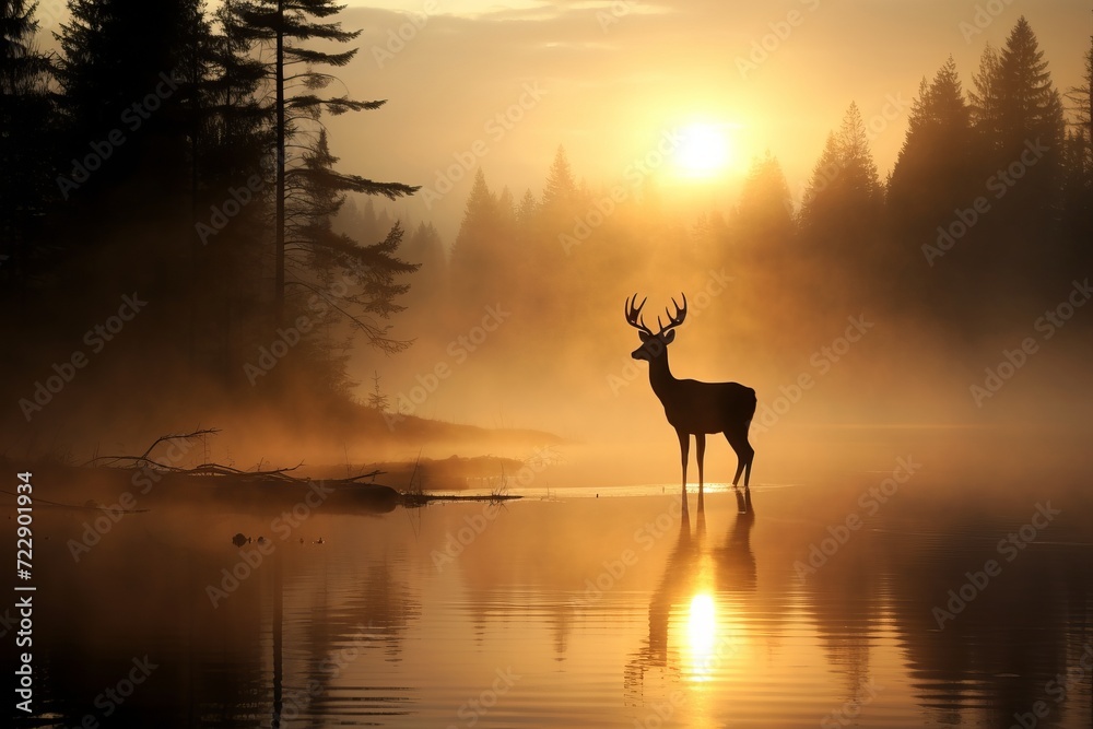 Enchanting atmospheric forest with silhouettes of majestic wildlife in mysterious fog Enchanting atmospheric forest with silhouettes of majestic wildlife in mysterious fog