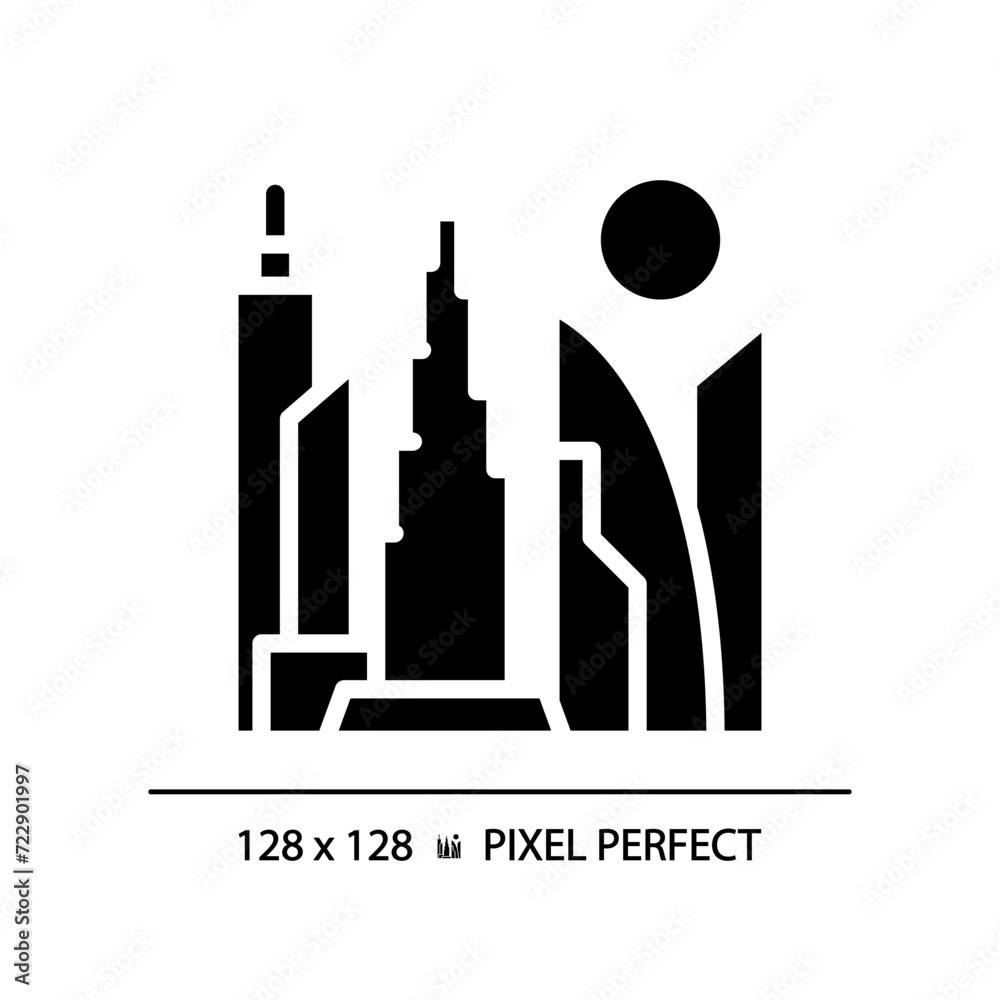 Dubai skyscrapers modern black glyph icon. Artificial island, twisted tower, famous landmarks. Luxury lifestyle resort. Silhouette symbol on white space. Solid pictogram. Vector isolated illustration Dubai skyscrapers modern black glyph icon. Artificial island, twisted tower, famous landmarks. Luxury lifestyle resort. Silhouette symbol on white space. Solid pictogram. Vector isolated illustration