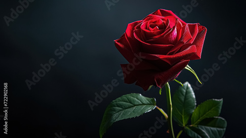 Red rose on black background have dew droplets  Close-up  Valentine s day romantic gift of love with beautiful flowers  background banner for website or ads  There is space for entering text