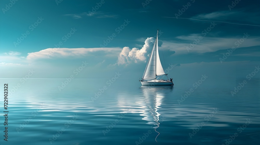 a sailboat is reflected on the water with cloudy skies and blue sky,