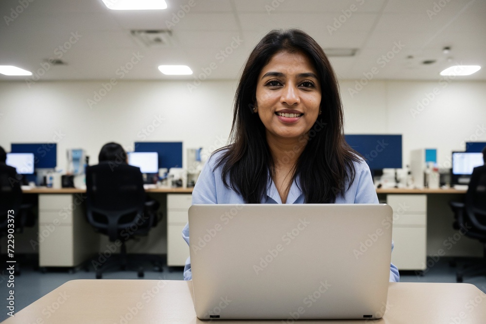 a professional medical expert, sitting in front of a laptop, extends a friendly greeting a professional medical expert, sitting in front of a laptop, extends a friendly greeting