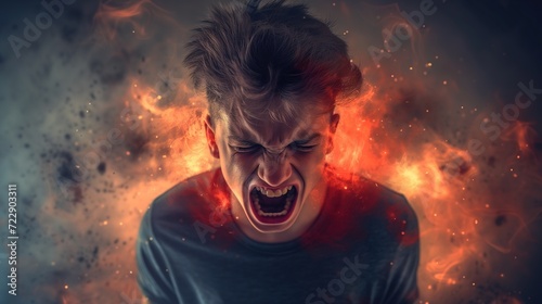 Portrait of a man screaming in anguish  fire flowing around his head  Depicting mental health and emotional turmoil
