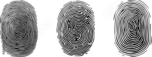 Set of Fingerprint patterns, clear lines and swirls. Human thumbprint. Icon, pictogram, logo. Black and white. Vector isolated on a white background. Security concept