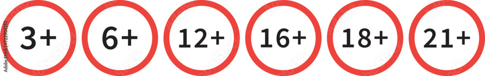 Age limit sign set. Warning censure symbol isolated on white background, 3 plus, 6 plus, 12 plus, 16 plus, 18 plus, 21 plus. Adult content. Vector illustration Age limit sign set. Warning censure symbol isolated on white background, 3 plus, 6 plus, 12 plus, 16 plus, 18 plus, 21 plus. Adult content. Vector illustration