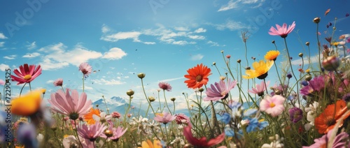 a field of colorful flowers against blue skies