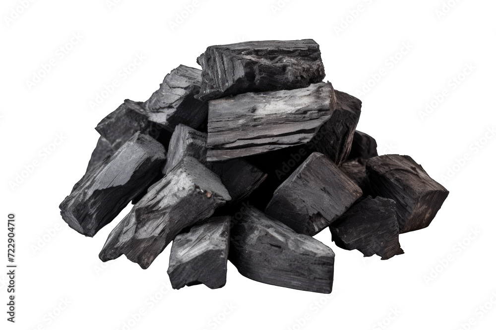 Several loose pieces of charcoal for barbecue on a cutout PNG transparent background