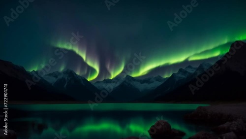 Astonishing Green and Purple Aurora Borealis Dancing Over Lake. Generative AI.