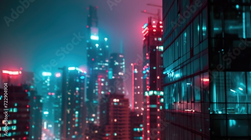  abstract business background with high rise glass buildings at night. defocus  correction of blue  pink and blue colors  futuristic style  business and finance