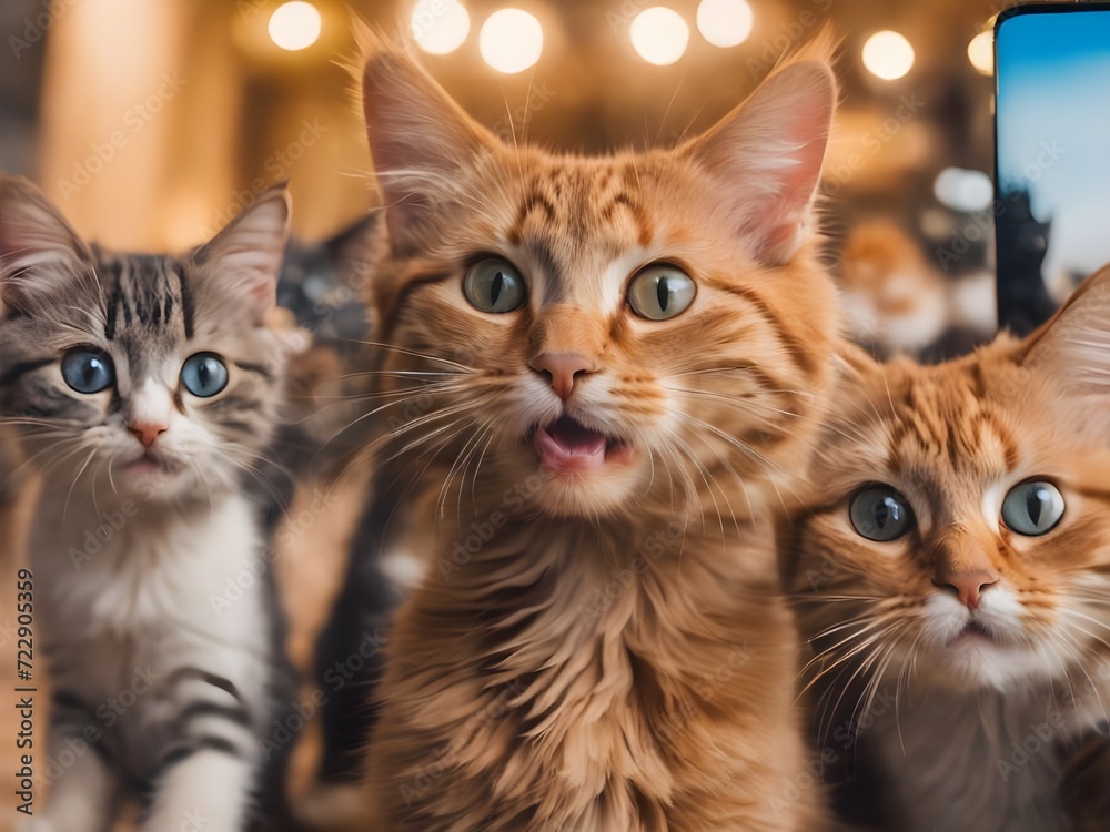 Group of cats in shocking mood, funny pet animals 
