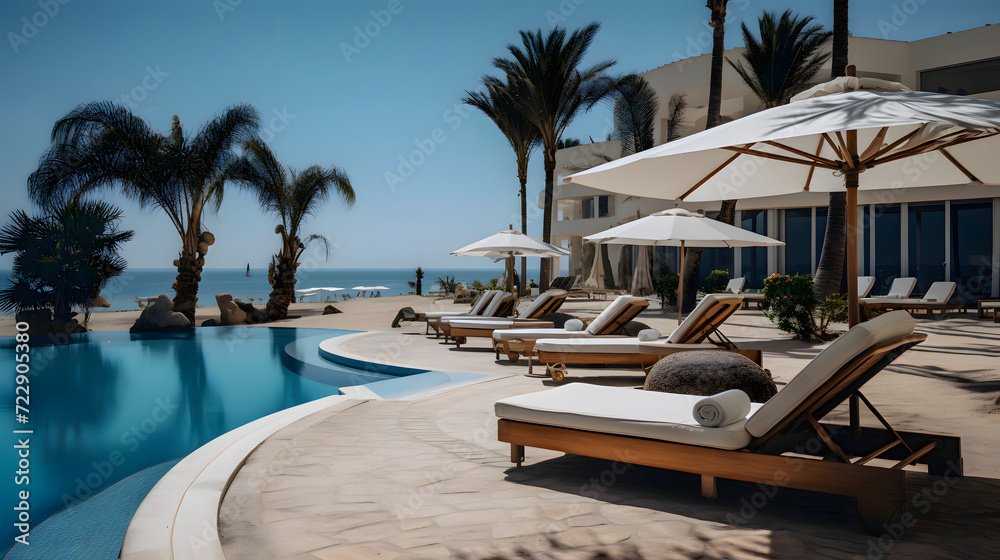 Luxurious pool and sun loungers with umbrellas nearby