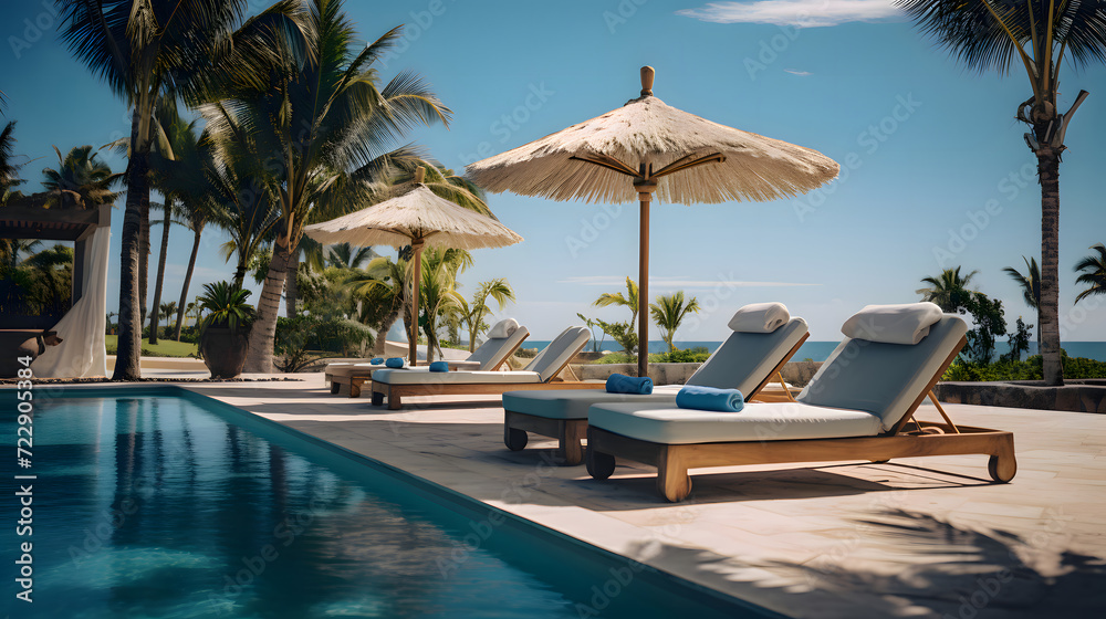 Luxurious pool and sun loungers with umbrellas nearby