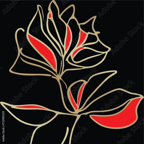 Aconitum flower art golden lines with black background art work design illustration vector
