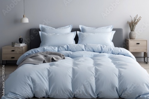 White pillows and duvet on the blue bed. White pillows, duvet and duvet case on a blue bedroom photo