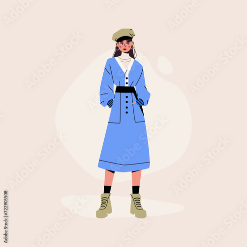 Stylish woman wearing fashion clothes. Fashionable female character in trendy elegant casual outfit, vogue influencer cartoon style. Vector flat illustration