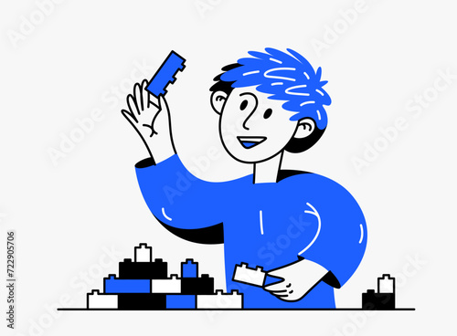 Little boy plays with toys vector illustration, stylish drawing of a child playing.