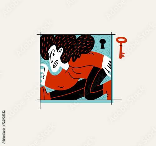 Woman is locked in a rectangular frame, social and cultural restrictions concept, vector illustration of a girl in uncomfortable pose is locked in her mind barriers, cultural frame idea.