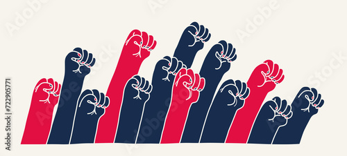 Raised fists vector illustration, concept of revolution or protest, fight for rights, political and social theme, together we are stronger.