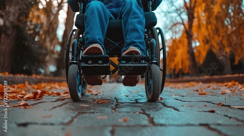 close up Handicapped or old adult man navigates a sidewalk in an electronic wheelchair, city lights in the backdrop Quality of life and impairment concept.