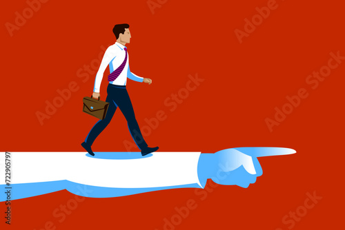 Принти на полотні Business man going ahead to his goal with shown direction, vector illustration of a young man business dressed walking straight towards to his aim with hint, career concept