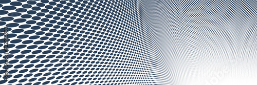 Black dots in 3D perspective vector abstract background, monochrome dotted pattern cool design, wave stream of science technology or business blank template for ads. photo