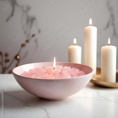 spa still life with candles and pink quartz
