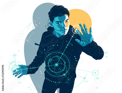 Teenager boy robot controls HUD engineering virtual interface vector illustration, futuristic concept engineer science AI, future technology theme.