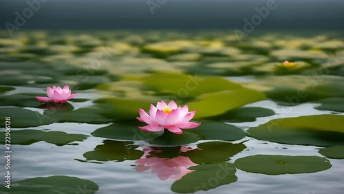 Two Pink Water Lilies Floating on Top of a Lake. Generative AI.