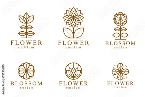 Flower in geometric linear style vector emblems set, blossoming flower hotel or boutique or jewelry logos collection, sacred geometry design elements.