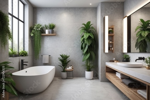 Stylish bathroom interior with countertop  shower stall and houseplants