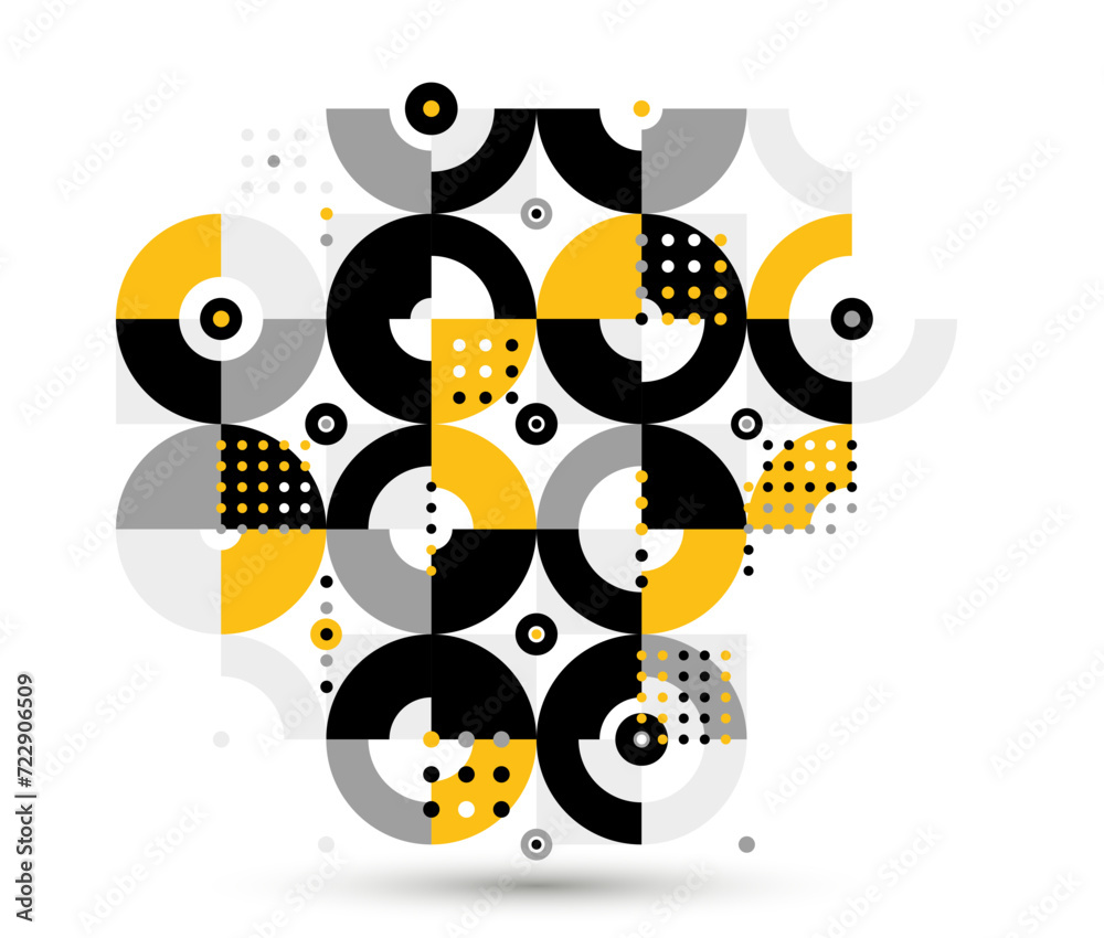 Abstract geometric vector modular background, retro 70s modernism style pattern, modular tiles with dots, spotty pattern with circles squares and triangles. Abstract geometric vector modular background, retro 70s modernism style pattern, modular tiles with dots, spotty pattern with circles squares and triangles.
