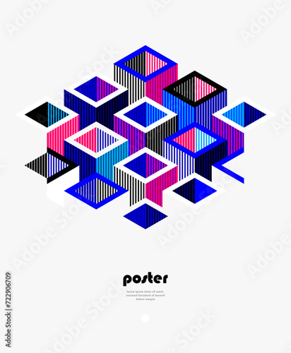3D isometric cubic design vector geometric abstract background, modern city abstraction theme, construction buildings and blocks look like shapes, polygonal style.